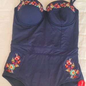 One piece Johnny Was bathing suit.  Navy blue with colorful embroidery.